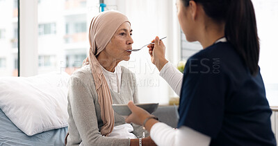 Buy stock photo Cancer, nurse and food with old woman in hospital for help, medical and support. Healthcare, medicine and rehabilitation with senior patient and caregiver in clinic for nursing, empathy and oncology