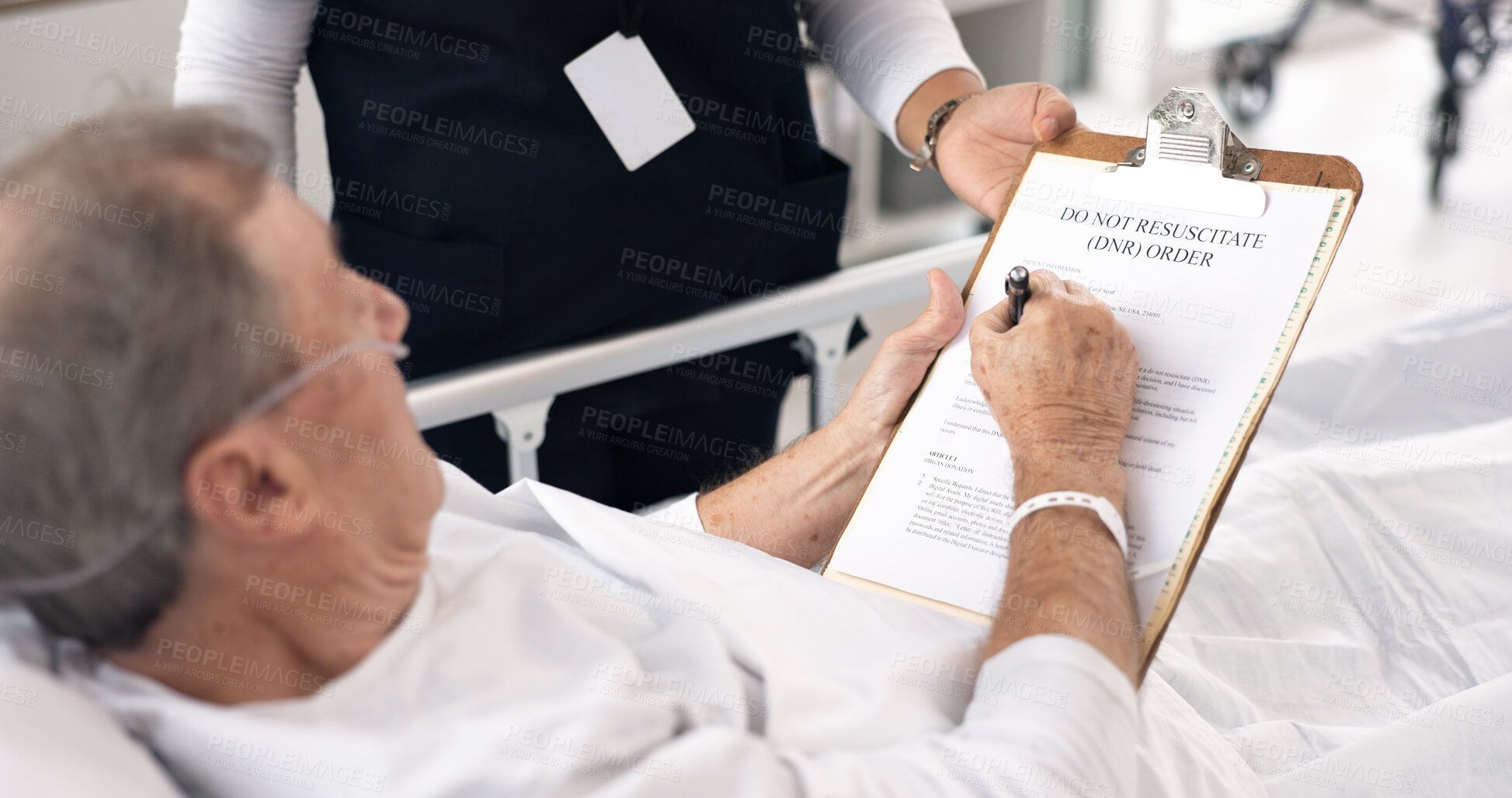 Buy stock photo Hospital, doctor and man sign dnr form on clipboard for medical service, will and do not resuscitate. Healthcare, cancer and health worker with application for senior patient for insurance in clinic