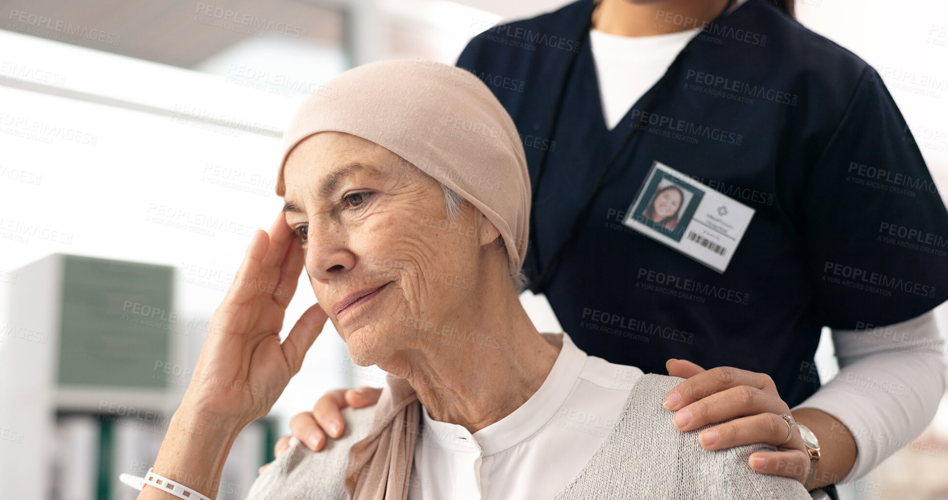 Buy stock photo Comfort, senior woman and cancer patient with nurse in hospital for support, healthcare and thinking. Sick elderly person, hand of medical professional and hope, empathy and courage in consultation