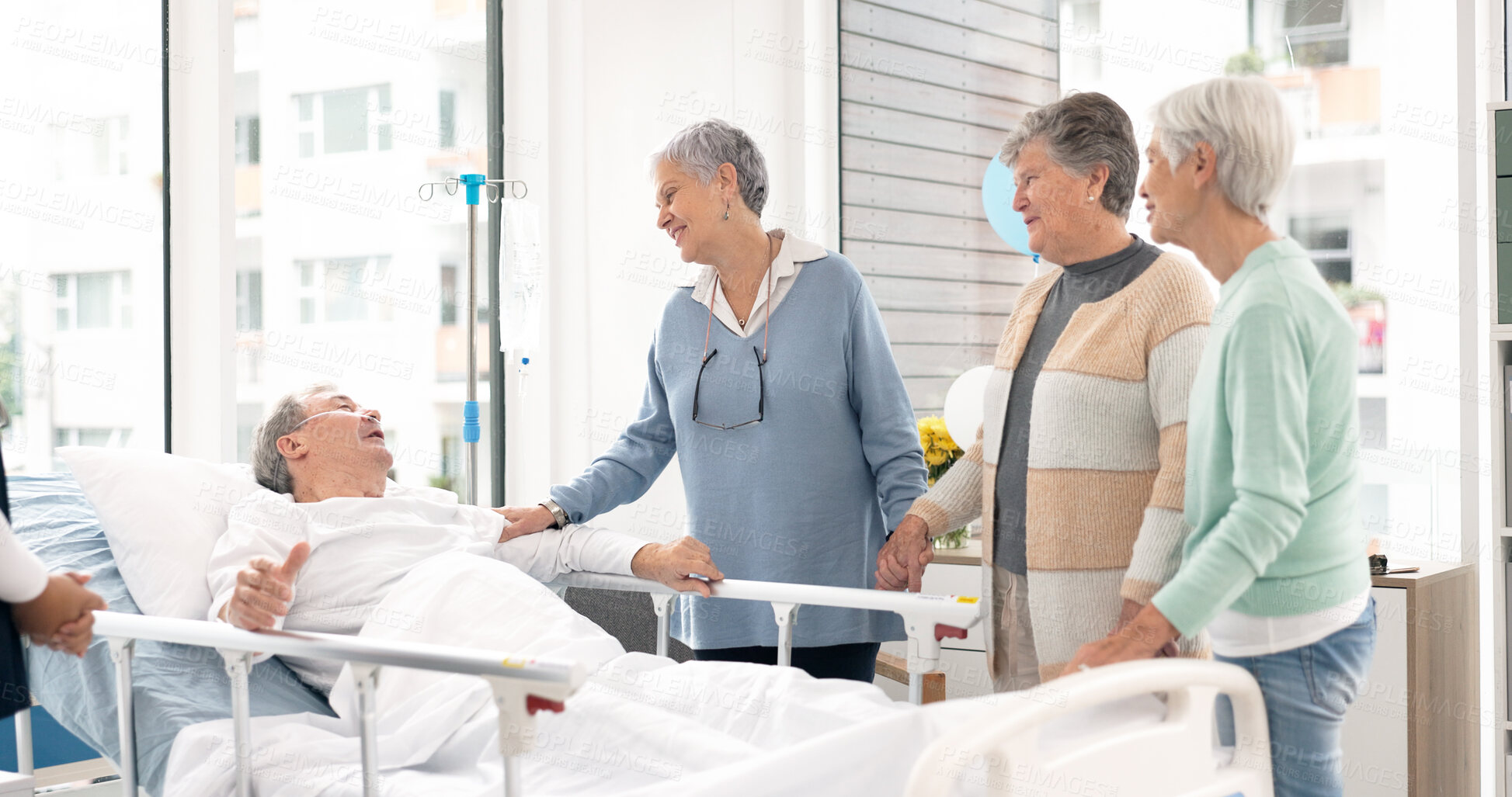 Buy stock photo Hospital, prayer and women visit man for comfort, care and support for wellness, service and surgery. Healthcare, medical clinic and friends with patient for recovery, rehabilitation and praying