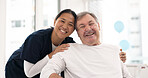 Hospital, nurse and senior man hug for comfort, empathy and support for cancer patient. Healthcare, clinic and portrait of female health worker embrace male person for medical care, service and help