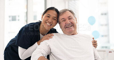Hospital, nurse and senior man hug for comfort, empathy and support for cancer patient. Healthcare, clinic and portrait of female health worker embrace male person for medical care, service and help