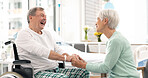 Hospital, talking and woman visit man for comfort, care and support for wellness, service and surgery. Healthcare, medical clinic and friend with patient for recovery, rehabilitation and conversation