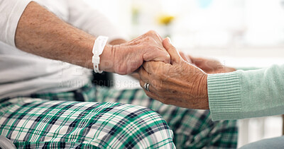 Love, holding hands and senior couple support, empathy or elderly care for patient with medical problem, risk or disease. Retirement home, clinic closeup or old people with compassion, trust and bond