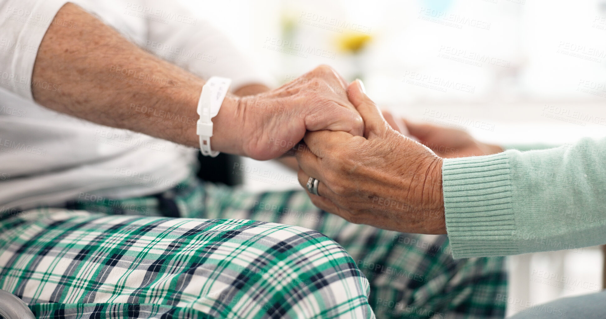 Buy stock photo Love, holding hands and senior couple support, empathy or elderly care for patient with medical problem, risk or disease. Retirement home, clinic closeup or old people with compassion, trust and bond