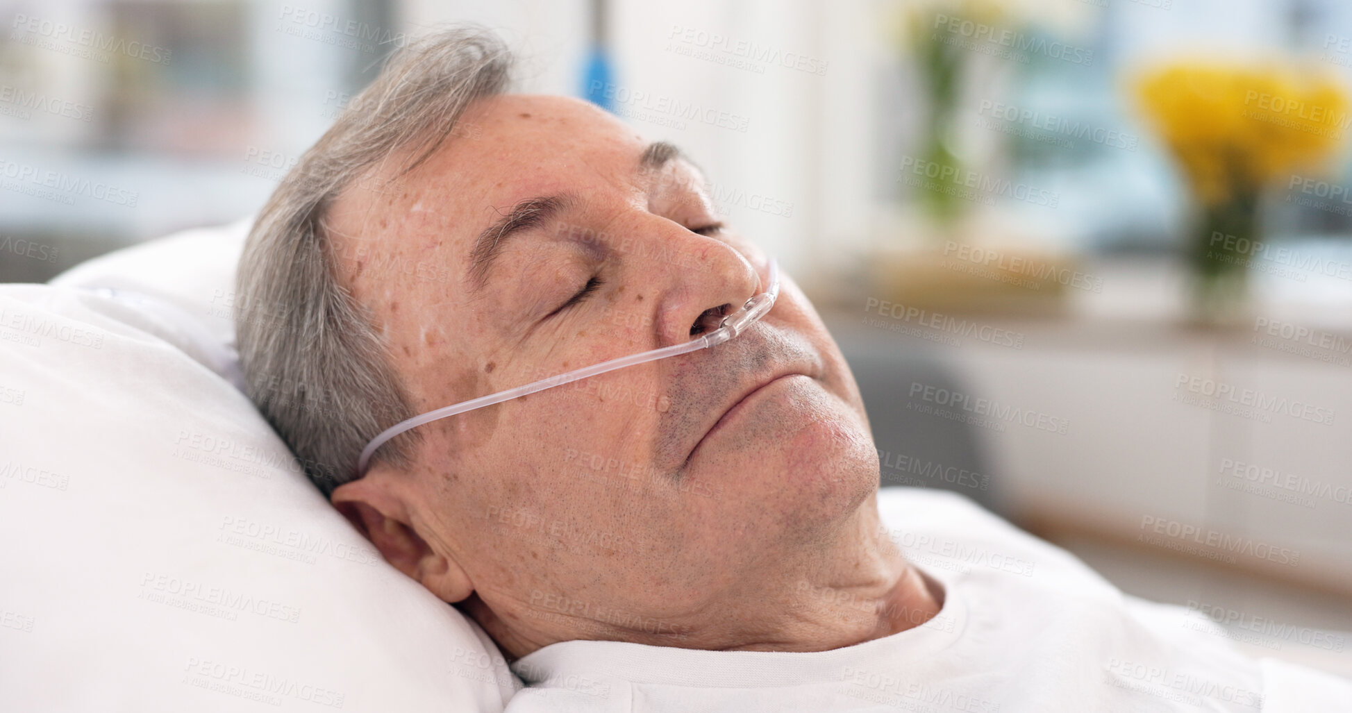 Buy stock photo Oxygen, hospital bed and senior man sleeping with ventilation and breathing tube support in a clinic. Elderly patient, medical care and emergency room with male person at a doctor for healthcare