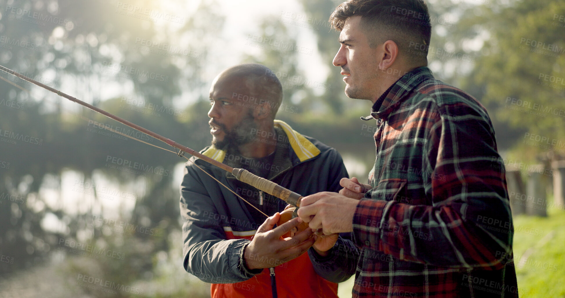 Buy stock photo Fishing, lake and friends in nature talking on holiday, adventure and vacation together outdoors. Friendship, conversation and men with rods by river for sports hobby, activity and catching fish