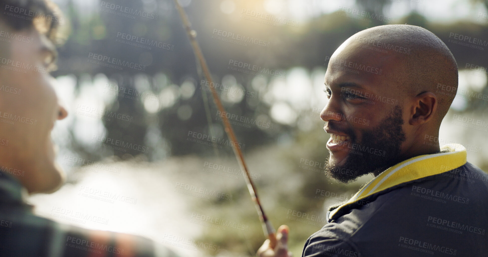 Buy stock photo Fishing, laugh and friends in nature talking on holiday, adventure and vacation together outdoors. Friendship, lake and men in conversation with rod by river for sports hobby, activity and catch fish