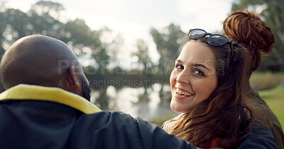 Buy stock photo Happy, face and woman with friends on lake, camping in nature or group laughing and bonding on outdoor picnic at the park. Portrait, girl or smile in conversation, social gathering or relax in woods