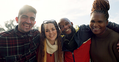 Buy stock photo Group, couple of friends and laughing outdoor for fun, quality time and bonding together. Happy men, women and diversity of people hug with smile for support, freedom and funny double date at park