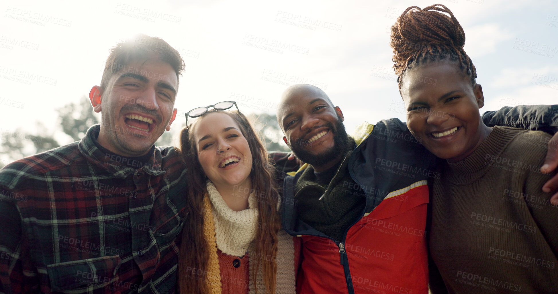 Buy stock photo Group, couple of friends and faces laughing outdoor for fun, quality time or relax together. Portrait of happy men, women and diversity of people hug for support, freedom or funny double date at park