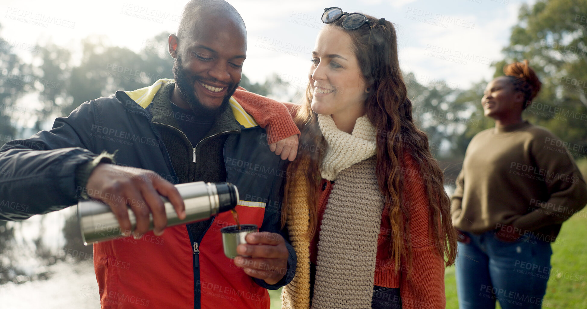 Buy stock photo Coffee, camping and couple of friends in nature with freedom and hot drink in forest. Relax, journey and young people with adventure in the morning on vacation and outdoor holiday on hike for travel