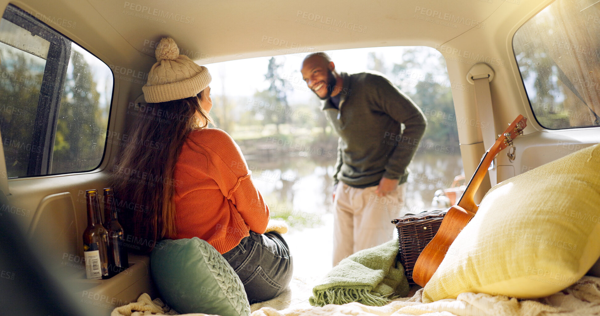 Buy stock photo Winter and a couple in a car for a road trip, date or watching the view together. Happy, travel and back of a man and woman with an affection in transport during a holiday or camping in nature