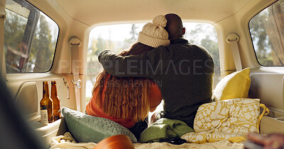 Road trip, nature and couple hug in car from back, relax on adventure together with love and freedom. Camping journey, black man and woman embrace in van, romantic travel holiday at lake in camper.