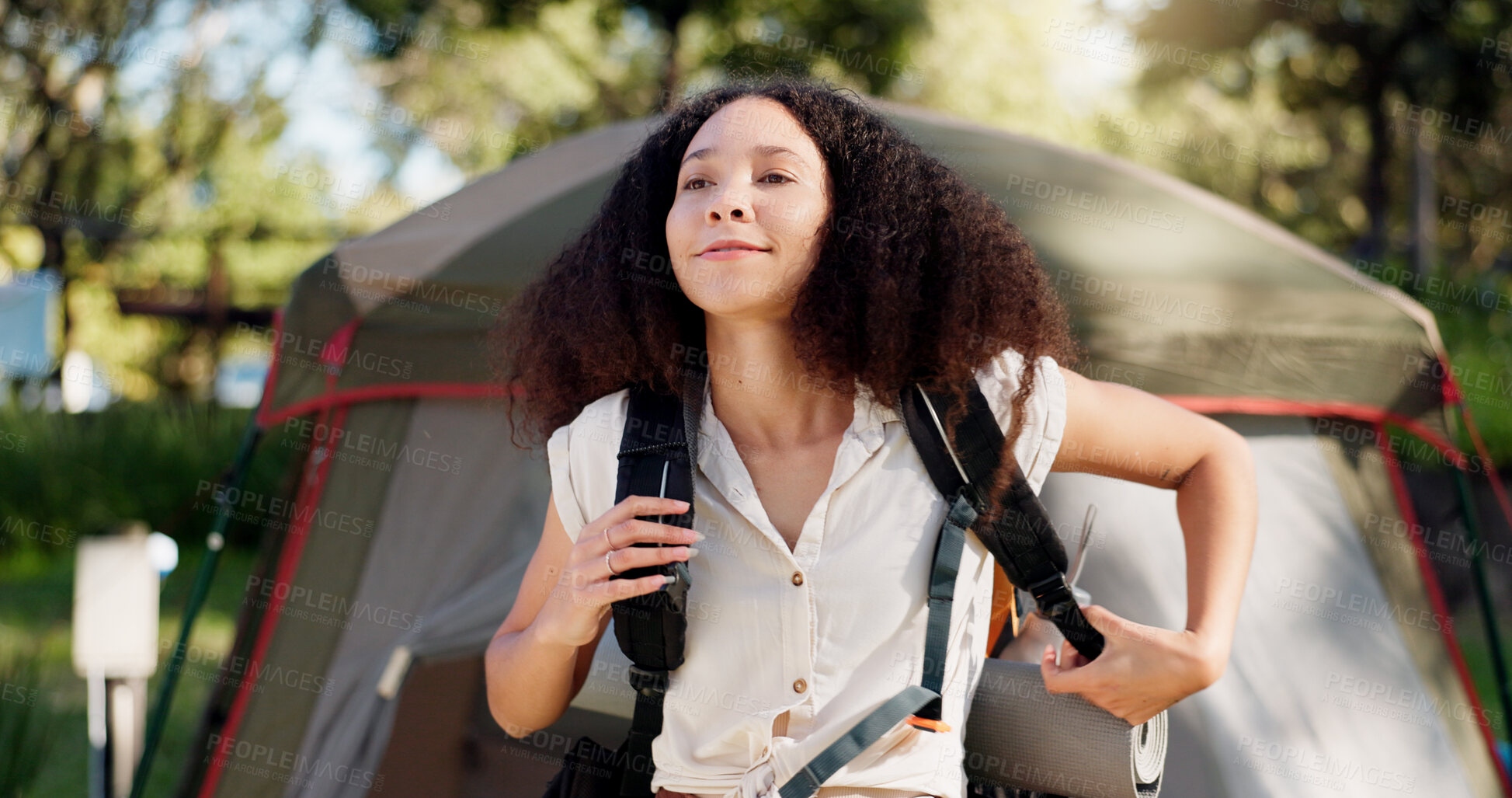 Buy stock photo Camping, smile and a woman with a backpack in nature for hiking, trekking or adventure in the morning. Happy, ideas and a young girl with a bag for a journey, walk or vacation in the mountains