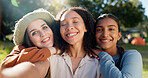 Selfie of group of women, camping and nature for summer vacation with smile, trees and sunshine. Relax, portrait of happy friends in forest on camp holiday with friendship, diversity and outdoor time