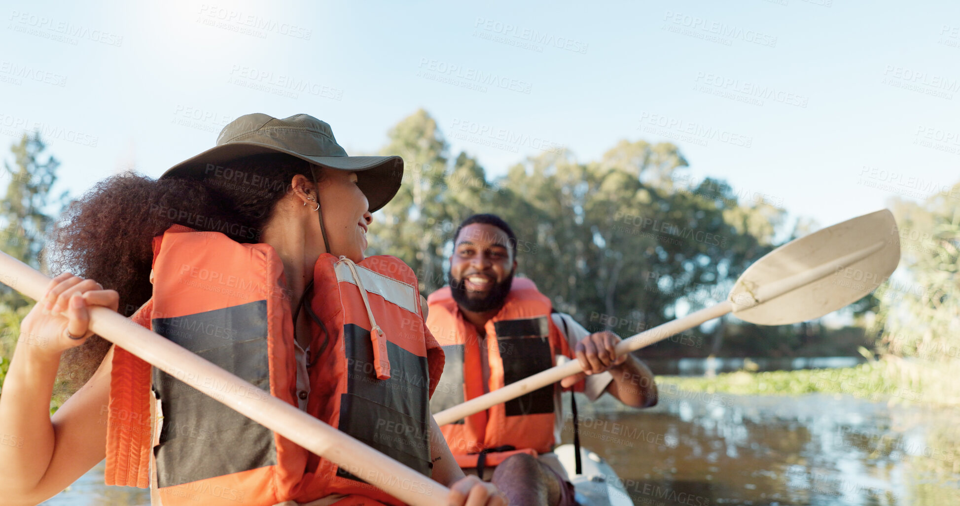 Buy stock photo Couple, kayak and boat on lake outdoor for sports adventure or nature travel trip. Young man and woman together for fun workout, teamwork challenge and rowing on river or water on holiday or vacation