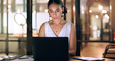 Business woman with technology, typing and working night to meet deadline, kpi target and overtime with laptop and tablet. Black woman, corporate workplace and focus, schedule and overtime at office.