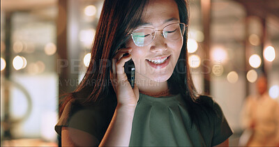 Business woman, phone call and communication, networking and work late with b2b and office in Shanghai. Virtual discussion, Asian employee and network with phone, connection on call and technology