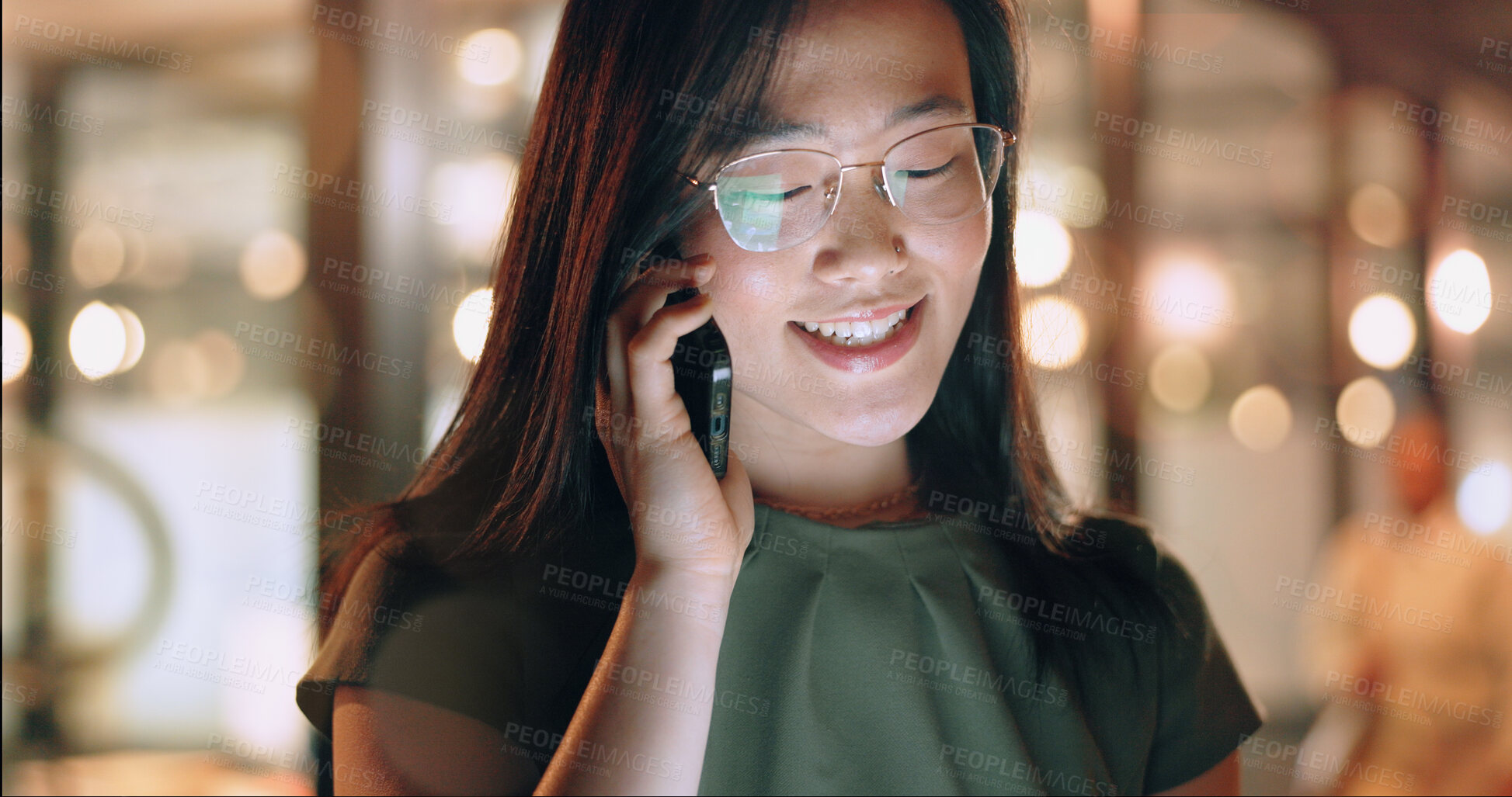 Buy stock photo Business woman, phone call and communication, networking and work late with b2b and office in Shanghai. Virtual discussion, Asian employee and network with phone, connection on call and technology