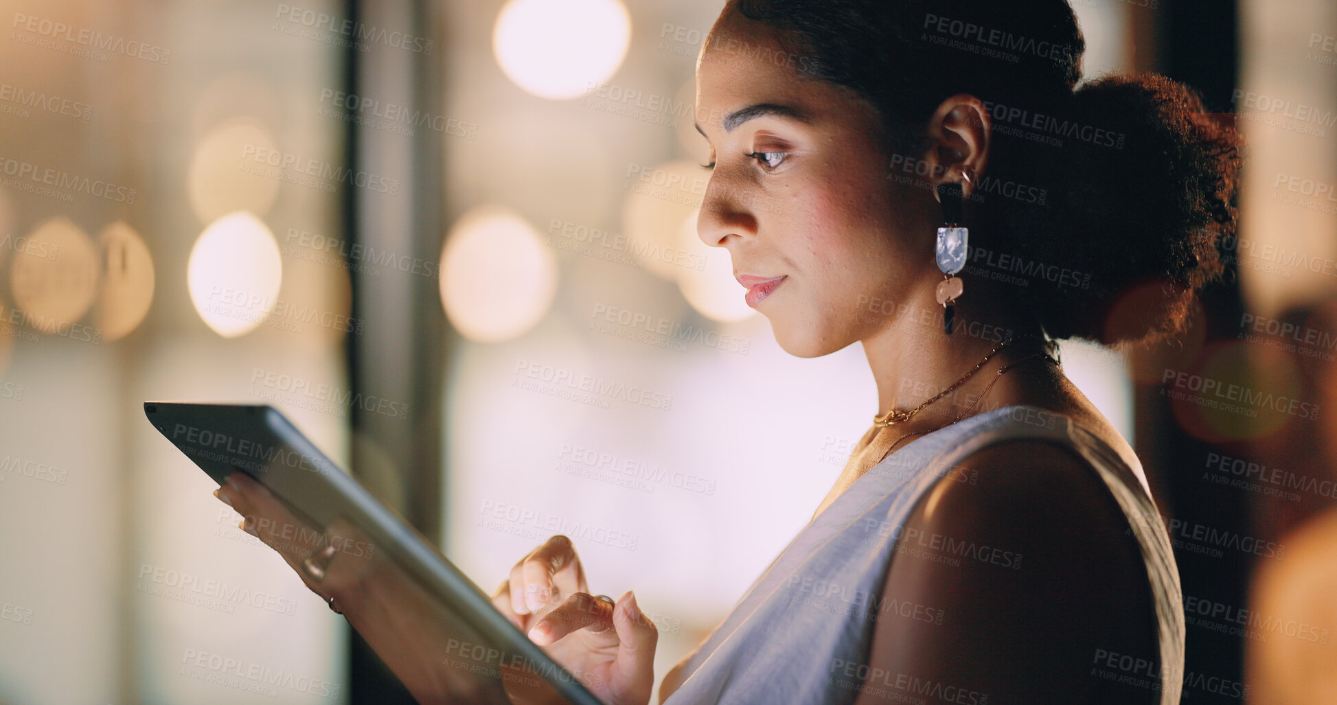 Buy stock photo Woman, night business and tablet for social networking connection, online management and media research. Young female worker, digital technology and data analysis, planning or website analytics