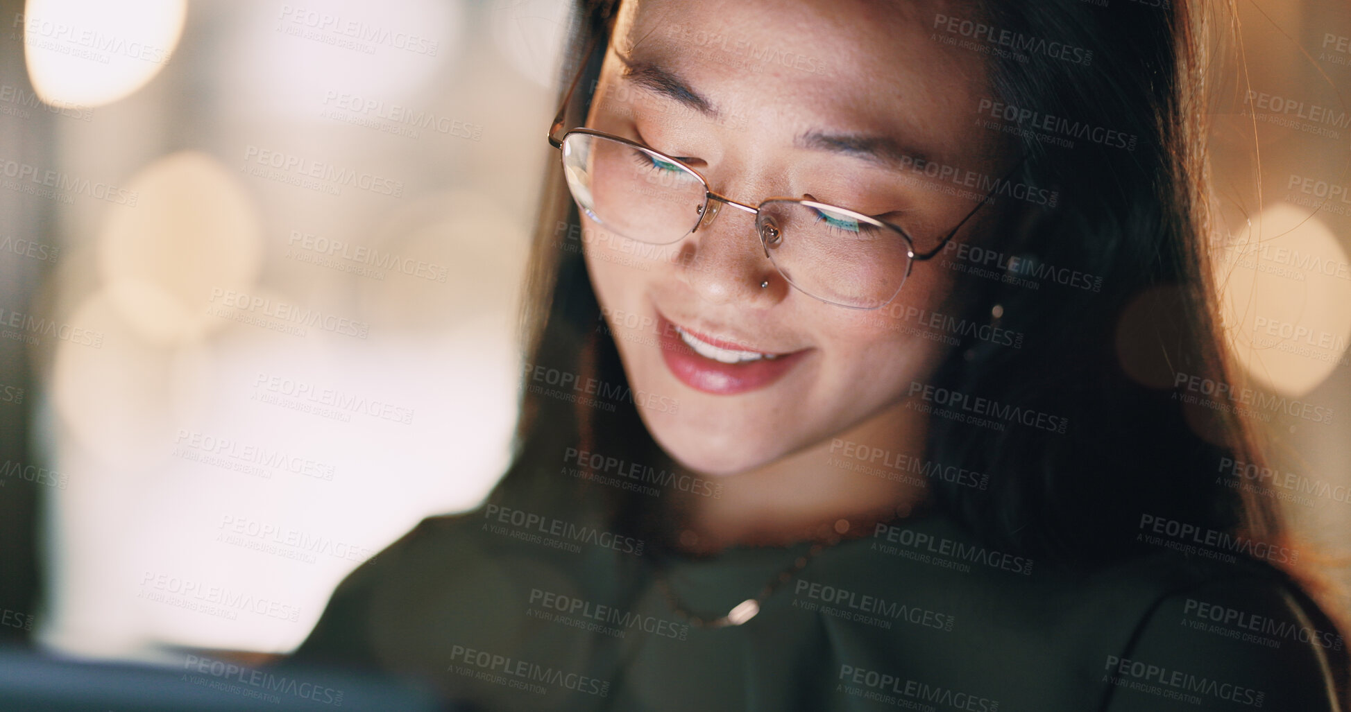 Buy stock photo Business woman, face or tablet in night office on digital marketing ideas, advertising strategy planning or branding growth innovation. Smile, happy or creative Japanese designer working late on tech