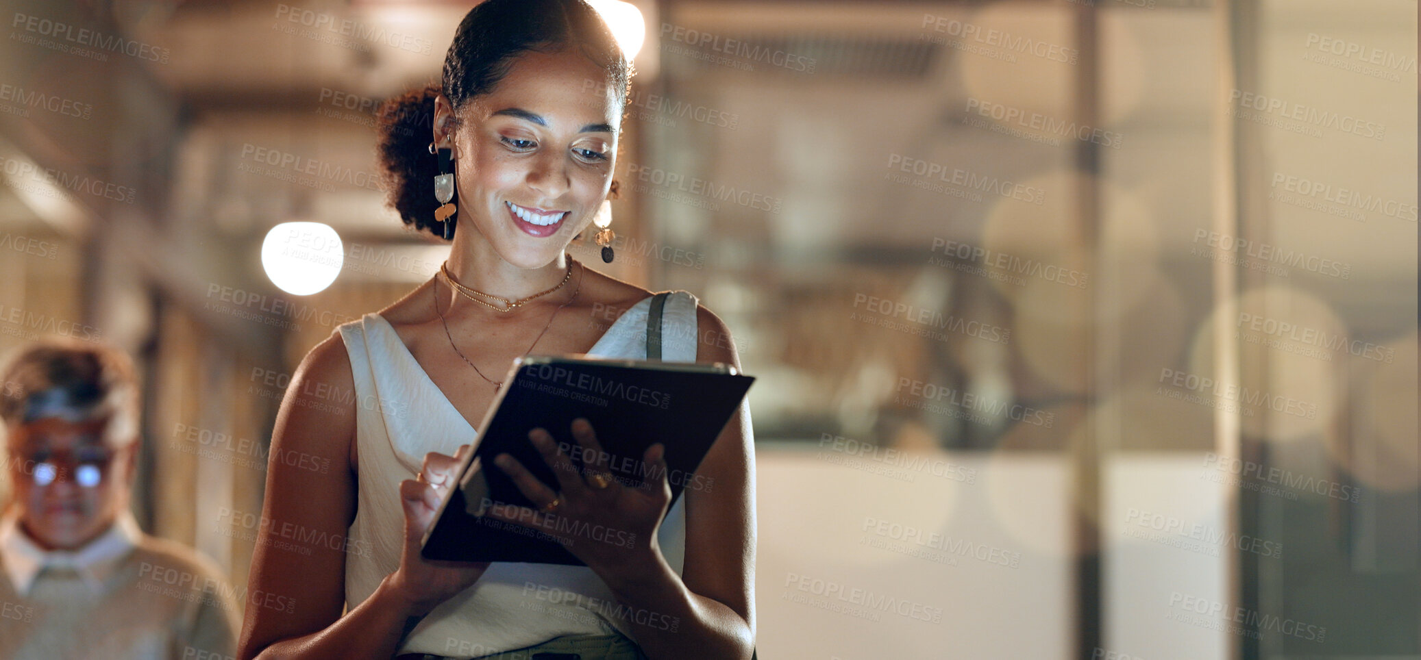 Buy stock photo Tablet, team and black woman in office walking to business meeting doing research, online and using internet. Teamwork, leadership and group of busy female workers together in corporate workplace