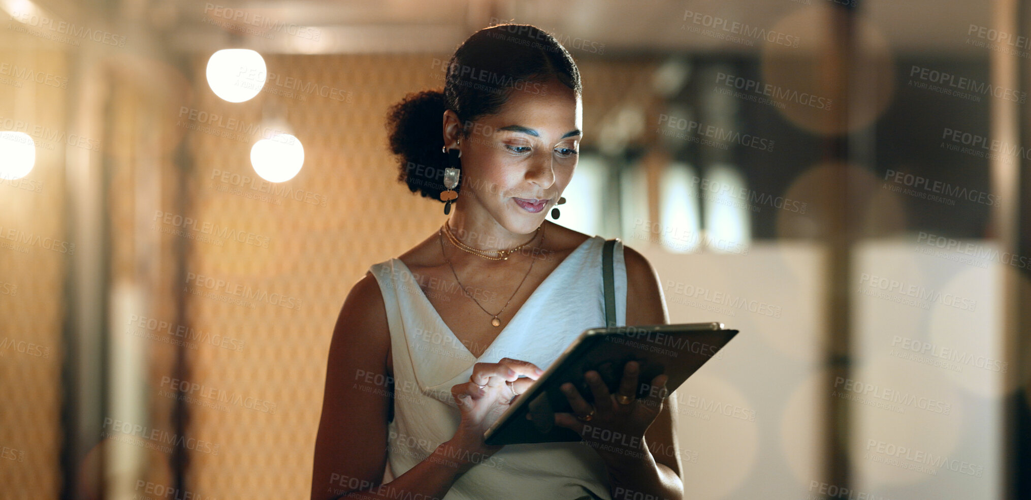 Buy stock photo Business woman, tablet or walking in coworking office at night with deadline vision, digital marketing ideas or advertising schedule management. Smile, happy or creative designer working late on tech