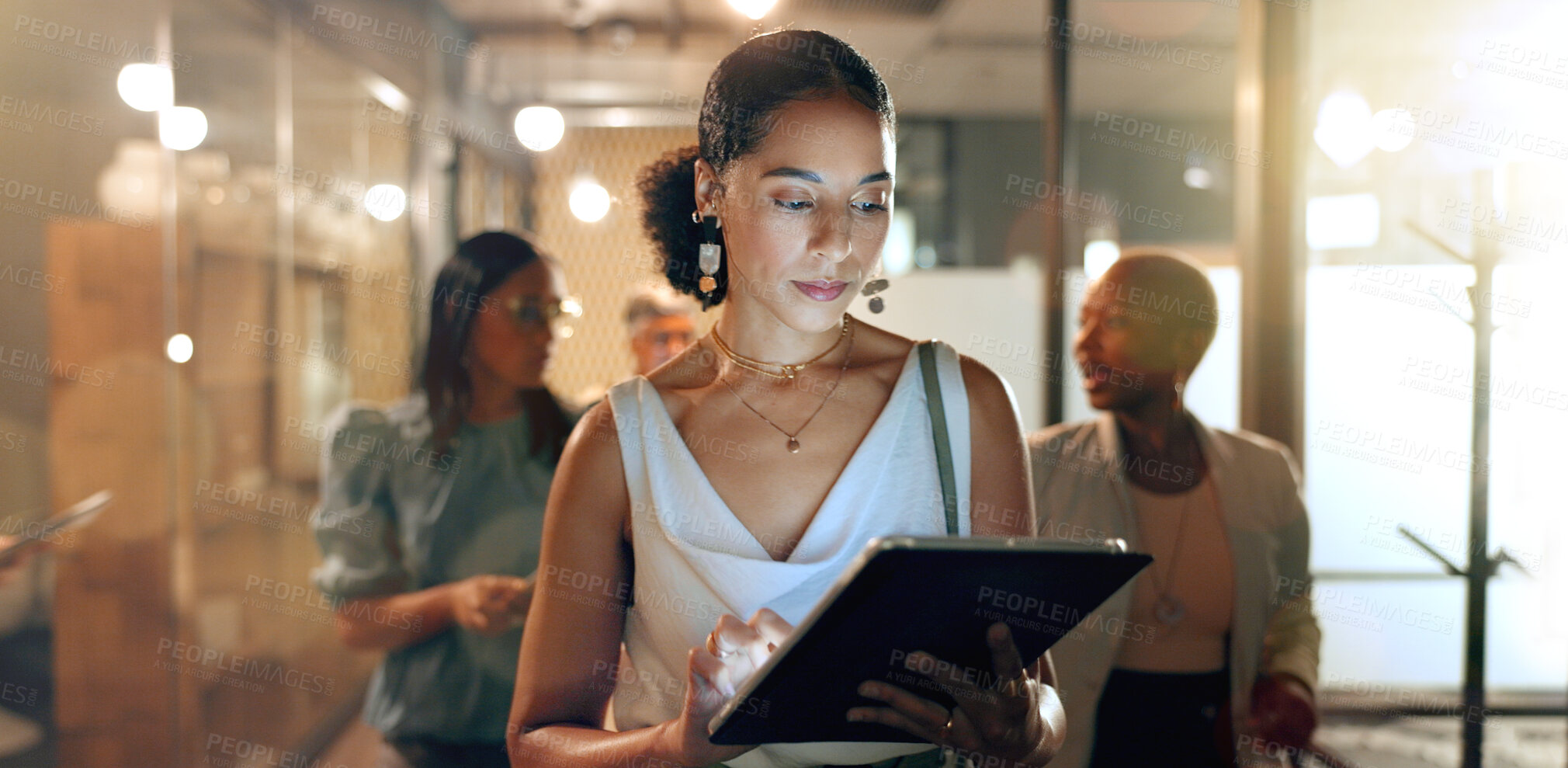 Buy stock photo Tablet, team and black woman in office walking to business meeting doing research, online and using internet. Teamwork, leadership and group of busy female workers together in corporate workplace