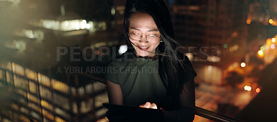 Woman, digital tablet and rooftop at night in city for social media, research and networking on urban background. Business woman, balcony and online search by entrepreneur working late in New York
