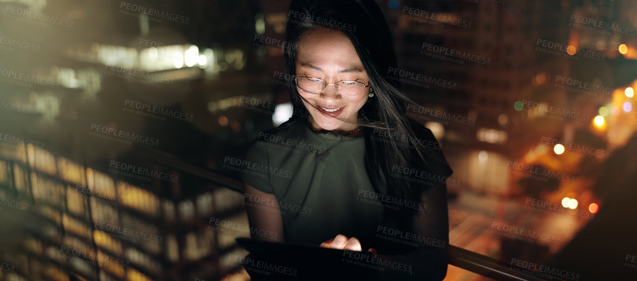 Buy stock photo Woman, digital tablet and rooftop at night in city for social media, research and networking on urban background. Business woman, balcony and online search by entrepreneur working late in New York