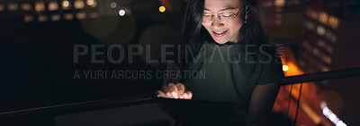 Woman, digital tablet and rooftop at night in city for social media, research and networking on urban background. Business woman, balcony and online search by entrepreneur working late in New York