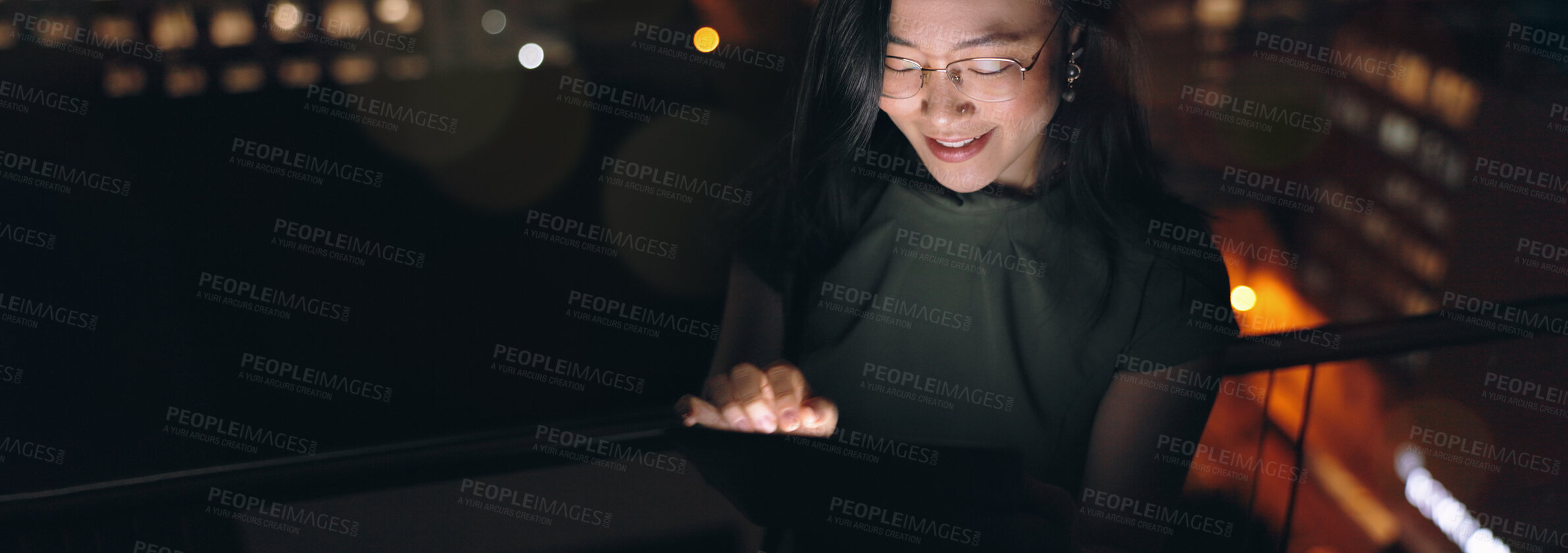 Buy stock photo Woman, digital tablet and rooftop at night in city for social media, research and networking on urban background. Business woman, balcony and online search by entrepreneur working late in New York