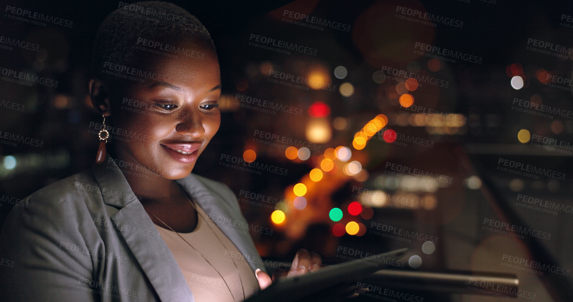 Buy stock photo Corporate black woman, tablet and office in night, rooftop and reading social media for data analysis. Digital marketing planning, dark and focus on mobile tech for goals, ux and analytics at company