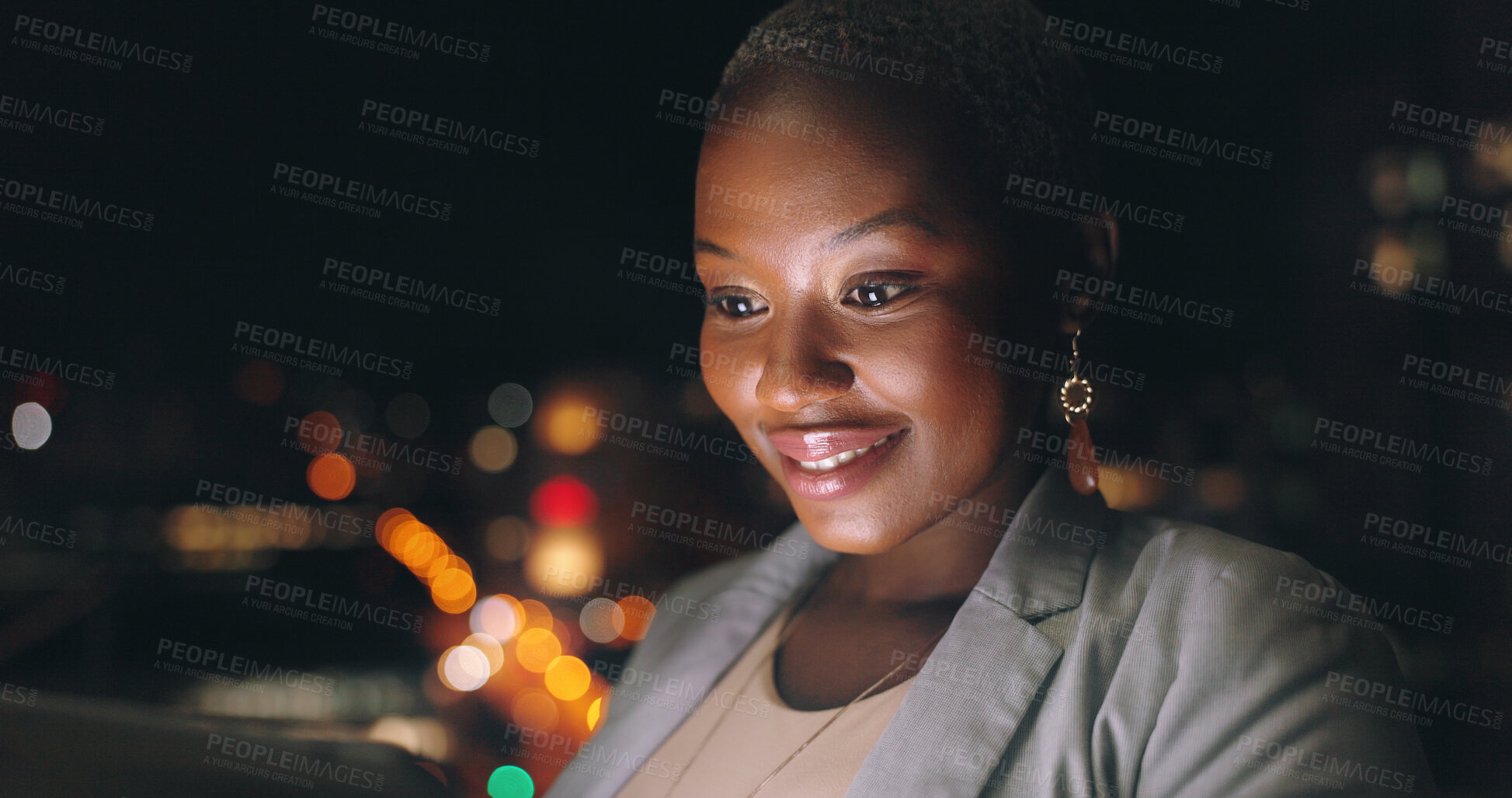 Buy stock photo Black woman, screen and dark social media scroll of a person online looking at internet and web. City night, woman and technology reading of a female happy about a social network connection outdoor