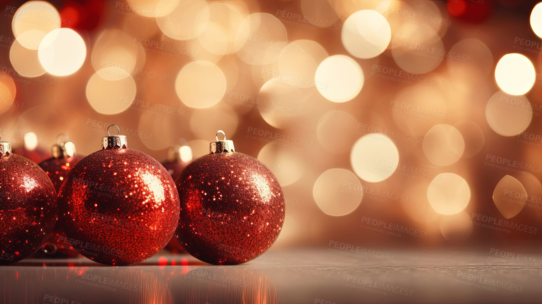 Buy stock photo Shiny red christmas baubel decorations on table with bokeh copyspace