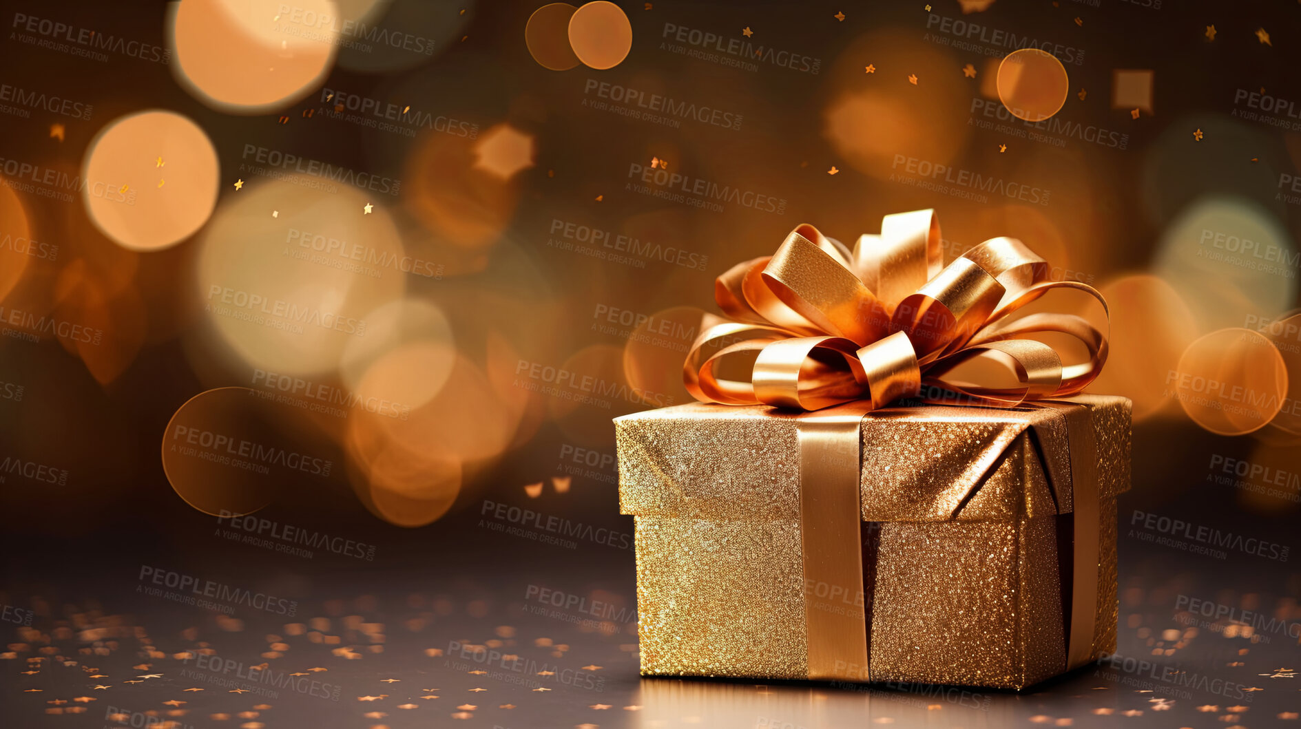 Buy stock photo Birthday gift box with copyspace for holiday or Christmas present on bokeh background