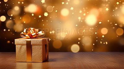 Birthday gift box with copyspace for holiday or Christmas present on bokeh background