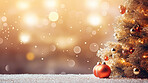 Christmas holidays banner, tree decorated with ornaments, bokeh background