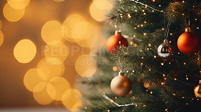 Christmas holidays banner, tree decorated with ornaments, bokeh background