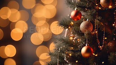 Christmas holidays banner, tree decorated with ornaments, bokeh background