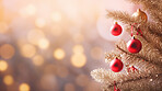 Christmas holidays banner, tree decorated with ornaments, bokeh background