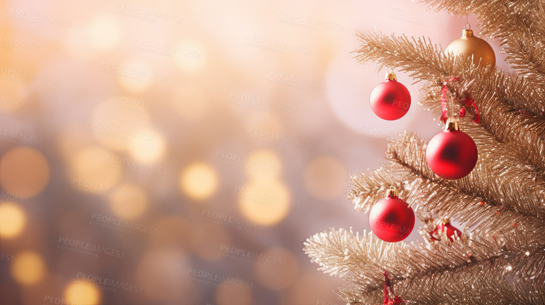 Buy stock photo Christmas holidays banner, tree decorated with ornaments, bokeh background