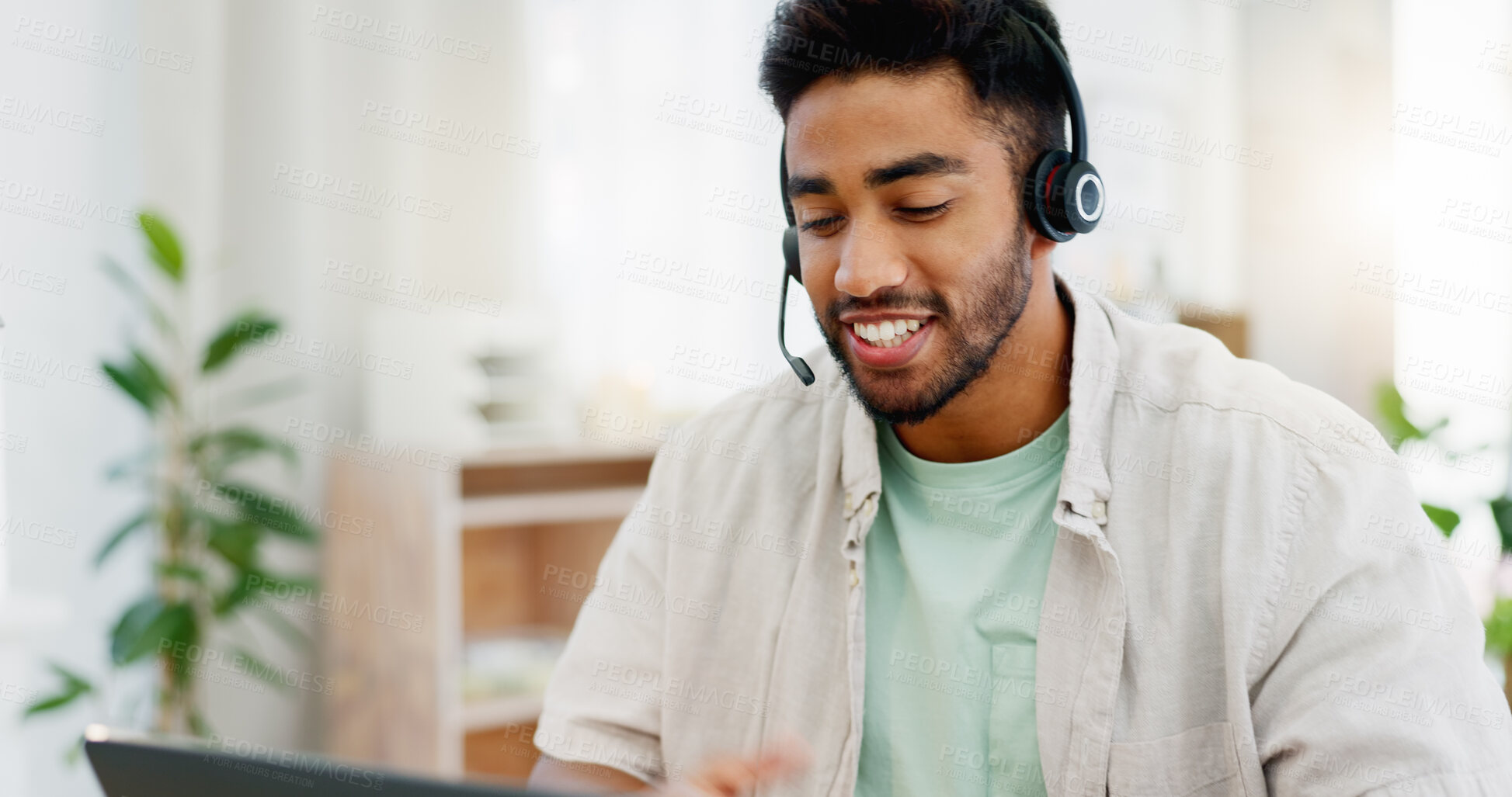 Buy stock photo Explaining, remote work and call center worker with a laptop for online advice and conversation. Contact us, consultant and man speaking for customer service, support and telemarketing on a computer
