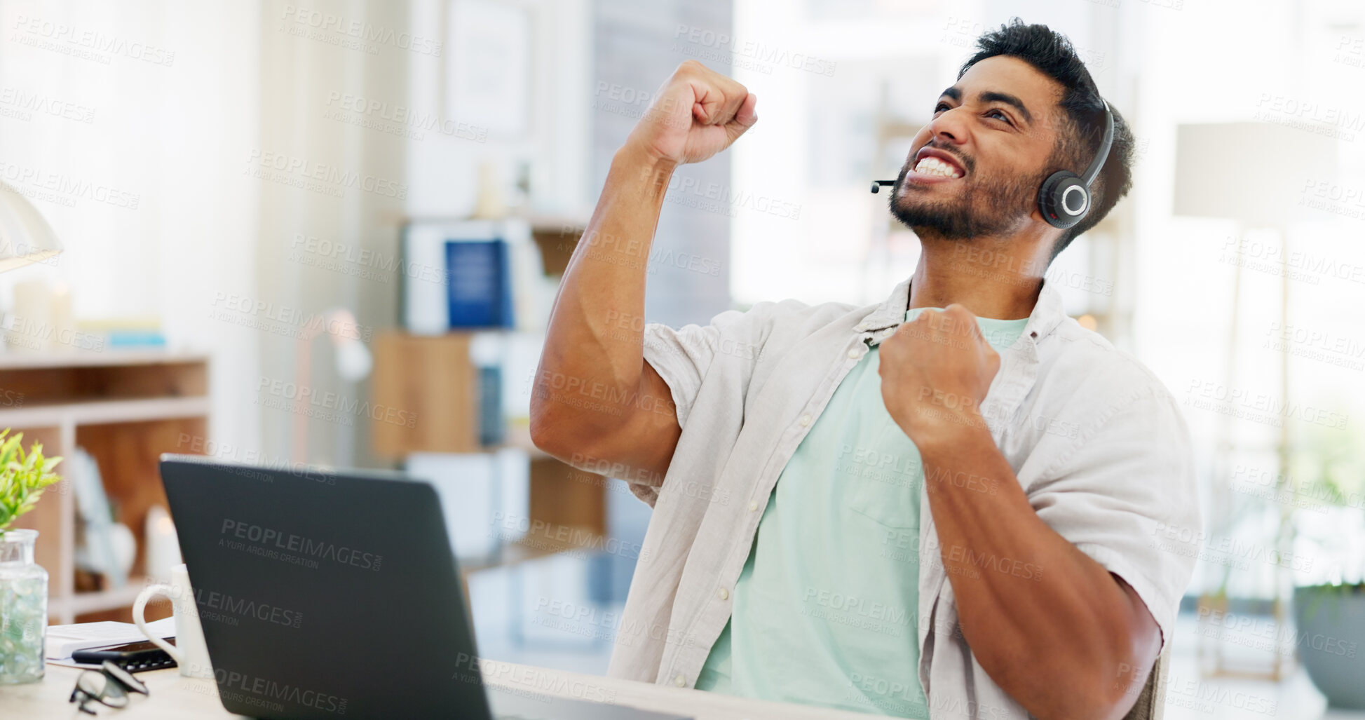 Buy stock photo Success, win and call center worker with a laptop to celebrate a target, goal or bonus in remote work. Winning, excited and customer service agent cheering for good news, email and telemarketing