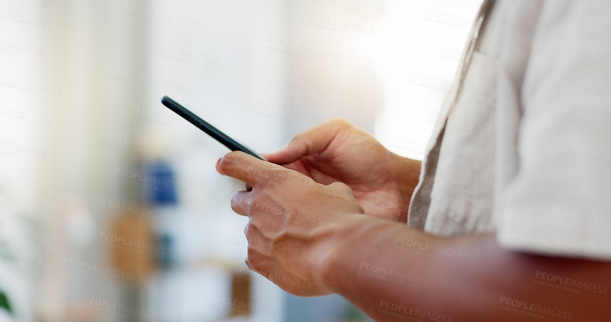 Buy stock photo Closeup, man and hands with smartphone, typing and connection for social media, texting and email. Zoom, hand and cellphone for texting, signal and online reading for information and communication