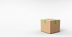 Cardboard box package on white copyspace background. Distribution banner concept