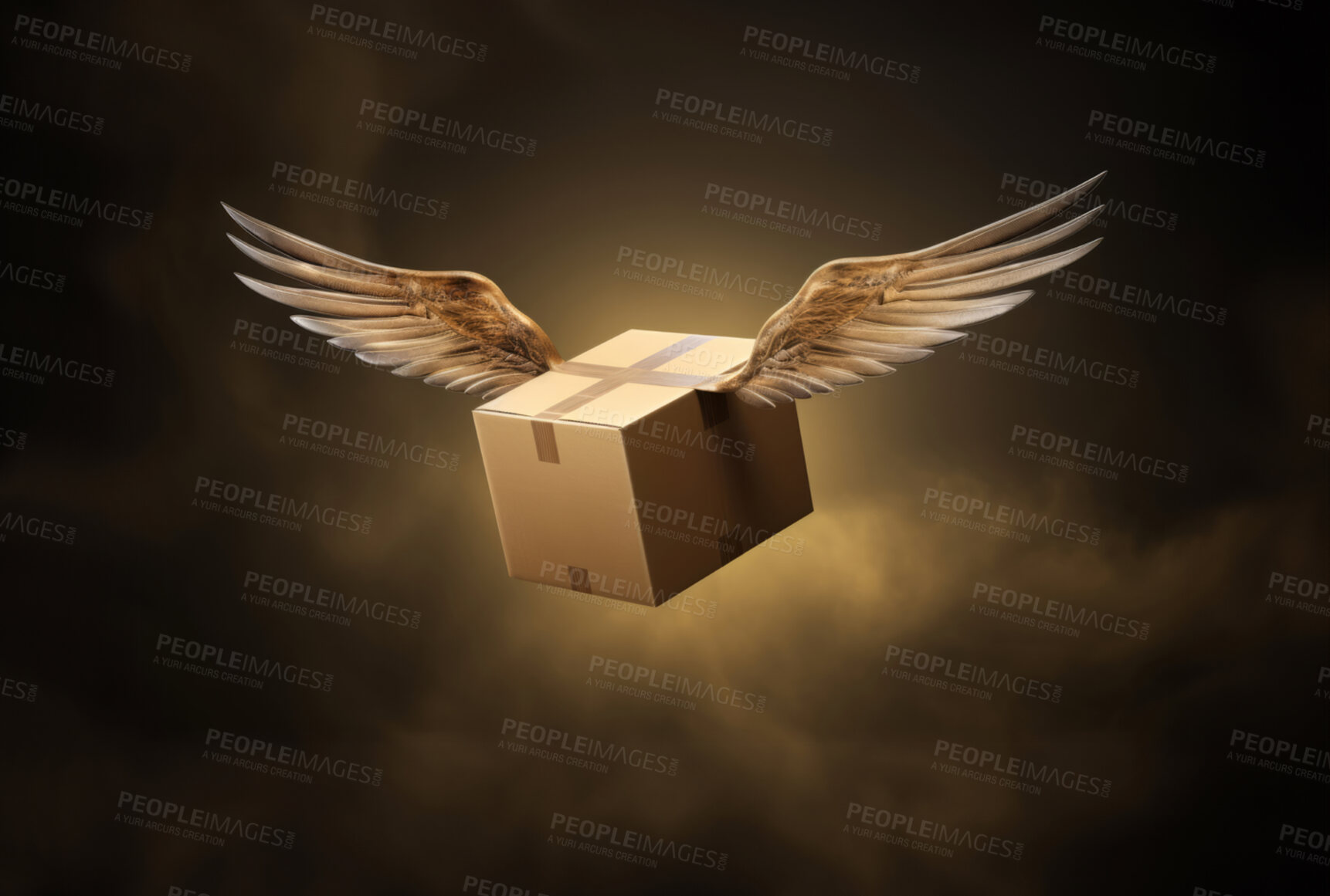 Buy stock photo Flying box transportation express delivery order service. Box with wings background concept