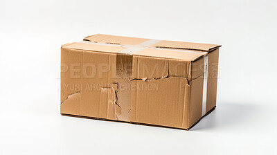 Buy stock photo Damaged cardboard box on white background, destroyed in shipping