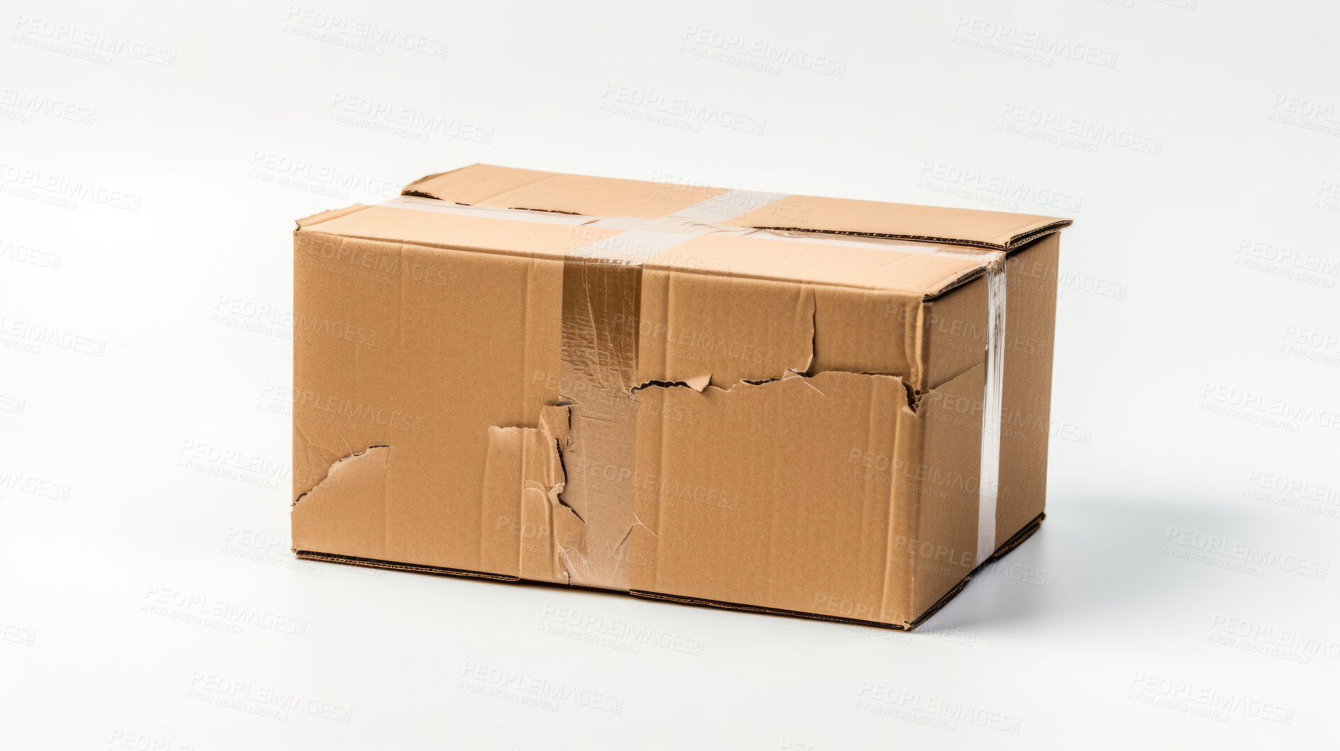 Buy stock photo Damaged cardboard box on white background, destroyed in shipping